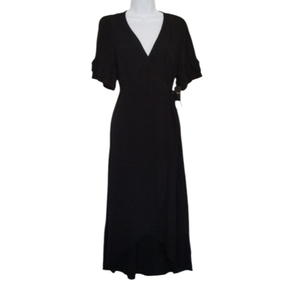 Forever 21 Contemporary High Lo Wrap Midi Dress Black V-Neck Flutter Sleeve.